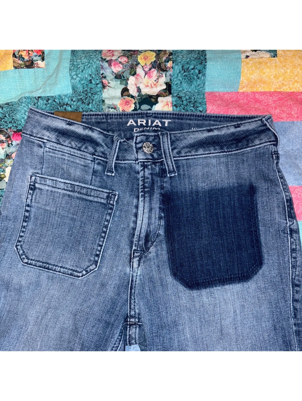 Ariat Womans 27R Denim Flare Boot Slim Trouser High Rise Jeans Dark Wash Patches